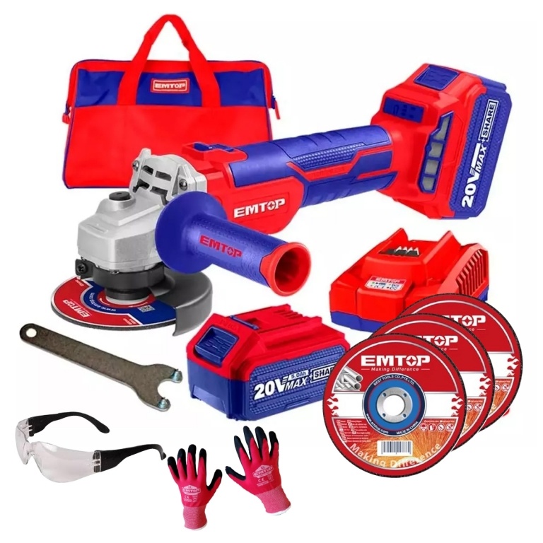 Amoladora Emtop S/esc Set c/Bolso +Carg +2bat +10 discos